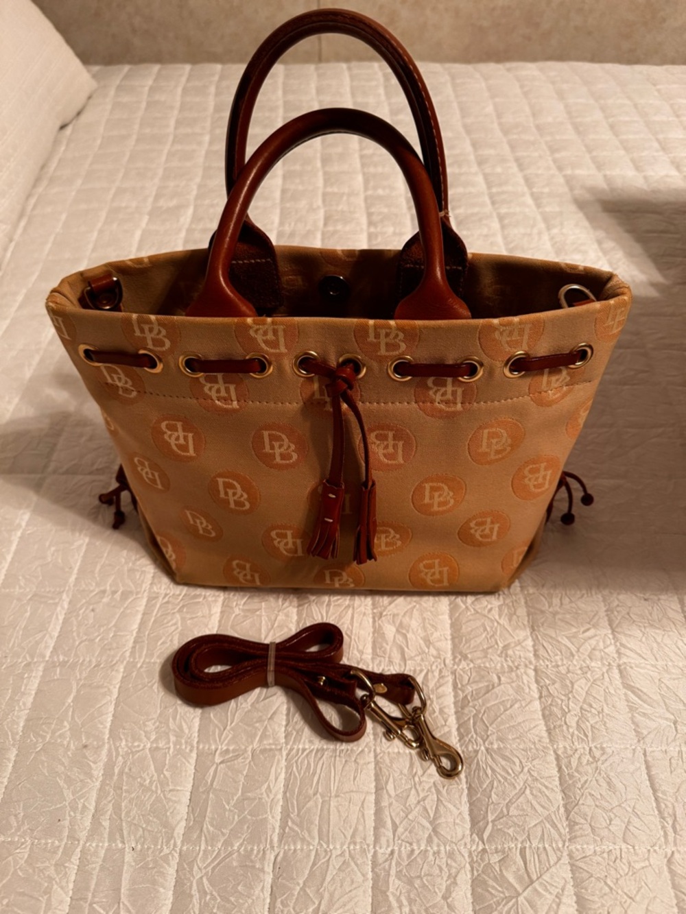Dooney & Bourke Tan and Brown Logo Drawstring Tote with Removable Strap
